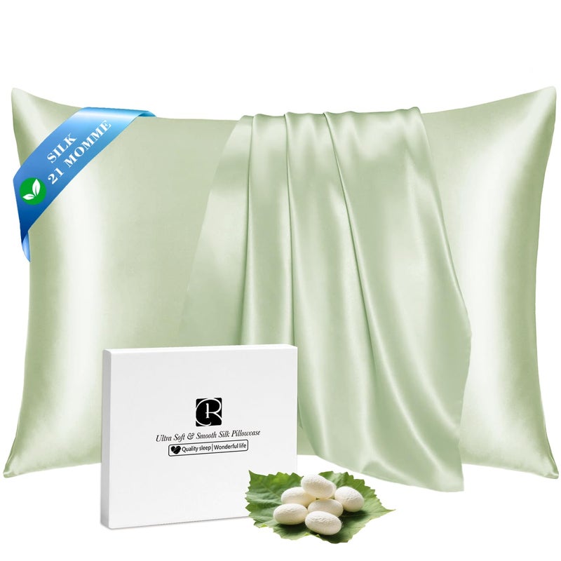 Ravmix Silk Pillow Cases with Zipper, 21momme Mulberry Silk Pillowcase for Hair Skin Health, Soft Smooth Breathable Cool Pillow Cover for Beauty Sleep with Gift Box 1PC(Standard 20"x26", Bean Green) - Image 1